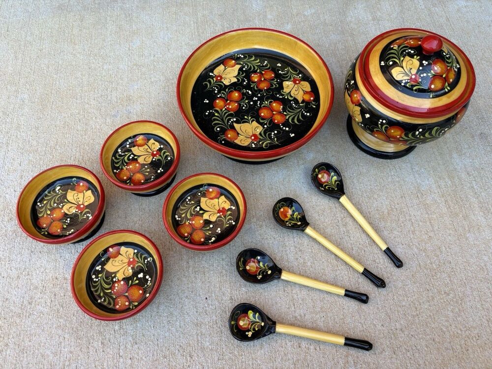 Vintage USSR Russian Khokolava Set of 11 Handpaint Lacquer Wooden Bowls & Spoons